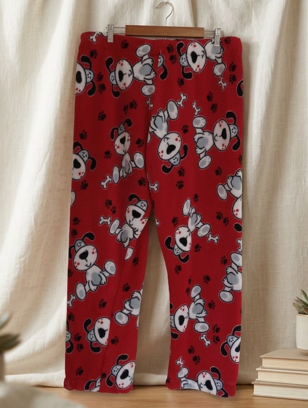 Handmade Home Sewn Red Puppy Print Fleece Lounge Pajama Pjs Pants Size XL